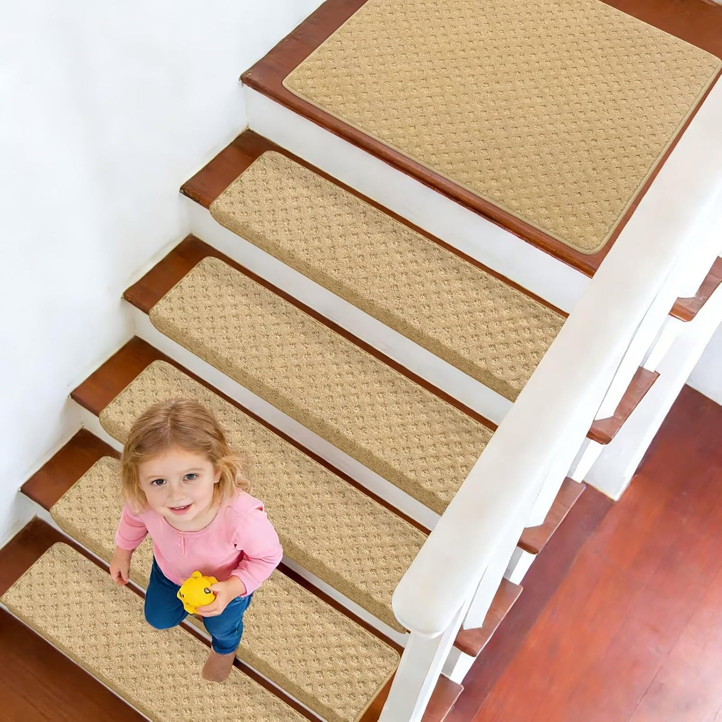 DEXDE Bullnose Stair Treads for Wooden Steps Non-Slip Stair Runner, 14 Pcs | Reusable bullnose carpet Stair Treads Indoor, Peel and Stick Stair Rugs with Edge Protection, Soft Washable, 30"x9.5" Grey