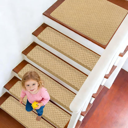 DEXDE Bullnose Stair Treads for Wooden Steps Non-Slip Stair Runner, 14 Pcs | Reusable bullnose carpet Stair Treads Indoor, Peel and Stick Stair Rugs with Edge Protection, Soft Washable, 30"x9.5" Grey