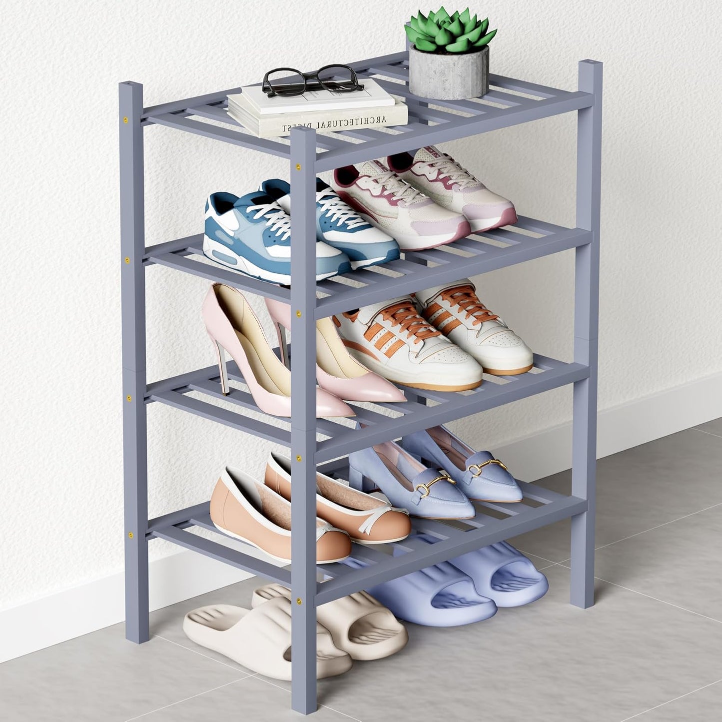 Smiry Bamboo Shoe Rack for Closet, 3 Tier Wooden Shoe Organizer, Stackable Wood Shoe Storage Shelf for Entryway, 14 Vertical Slats, One-piece Heavy-Duty Legs, 26.77"x11.02"x18.31", Natural
