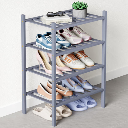 Smiry Bamboo Shoe Rack for Closet, 3 Tier Wooden Shoe Organizer, Stackable Wood Shoe Storage Shelf for Entryway, 14 Vertical Slats, One-piece Heavy-Duty Legs, 26.77"x11.02"x18.31", Natural