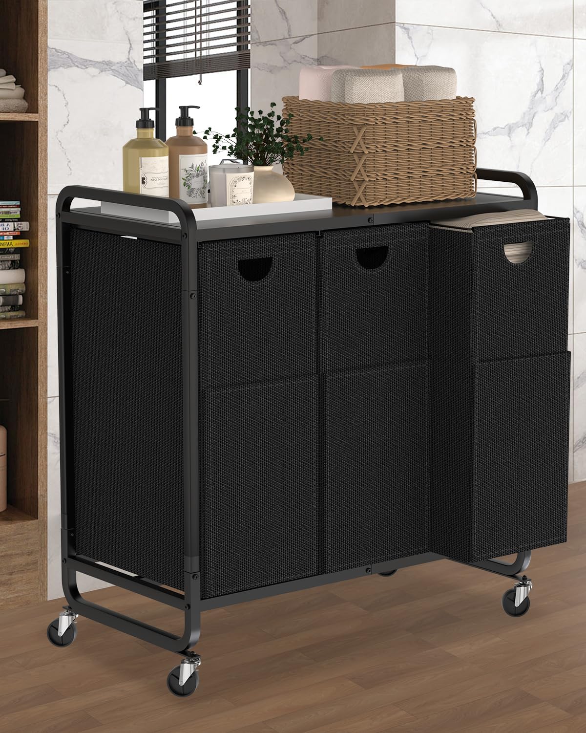 Laundry Sorter 3 Section,Laundry Basket with Wheels,3×15.8 Gal (60L) Laundry Hamper Organizer with Large Wooden Desktop Sorter,Pull-Out and Removable 900D Oxford Fabric Laundry Bags for Laundry Room