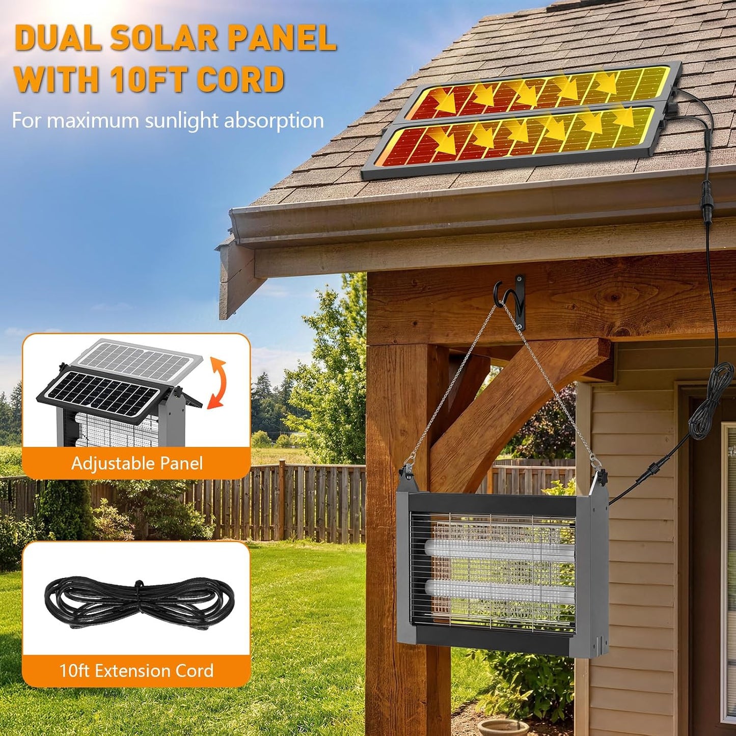 Solar Bug Zapper Outdoor, 4500V Solar Mosquito Zapper with Dual Solar Panels, 1/2 Acre Coverage Cordless Rechargeable Electric Fly Zapper, IPX5 Waterproof Mosquito Traps for Backyard, Patio, Camping