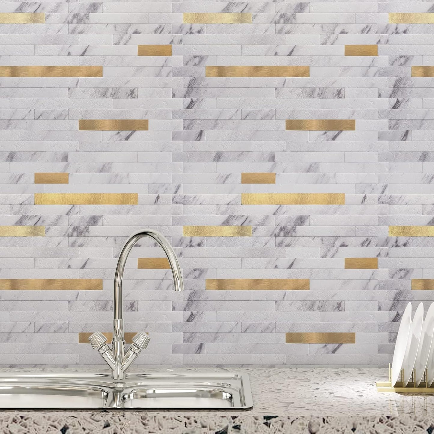 Art3d 10-Sheet Peel and Stick Backsplash Tile for Kitchen Bathroom Fireplace Laundry Room in White Slate with Gold Studded