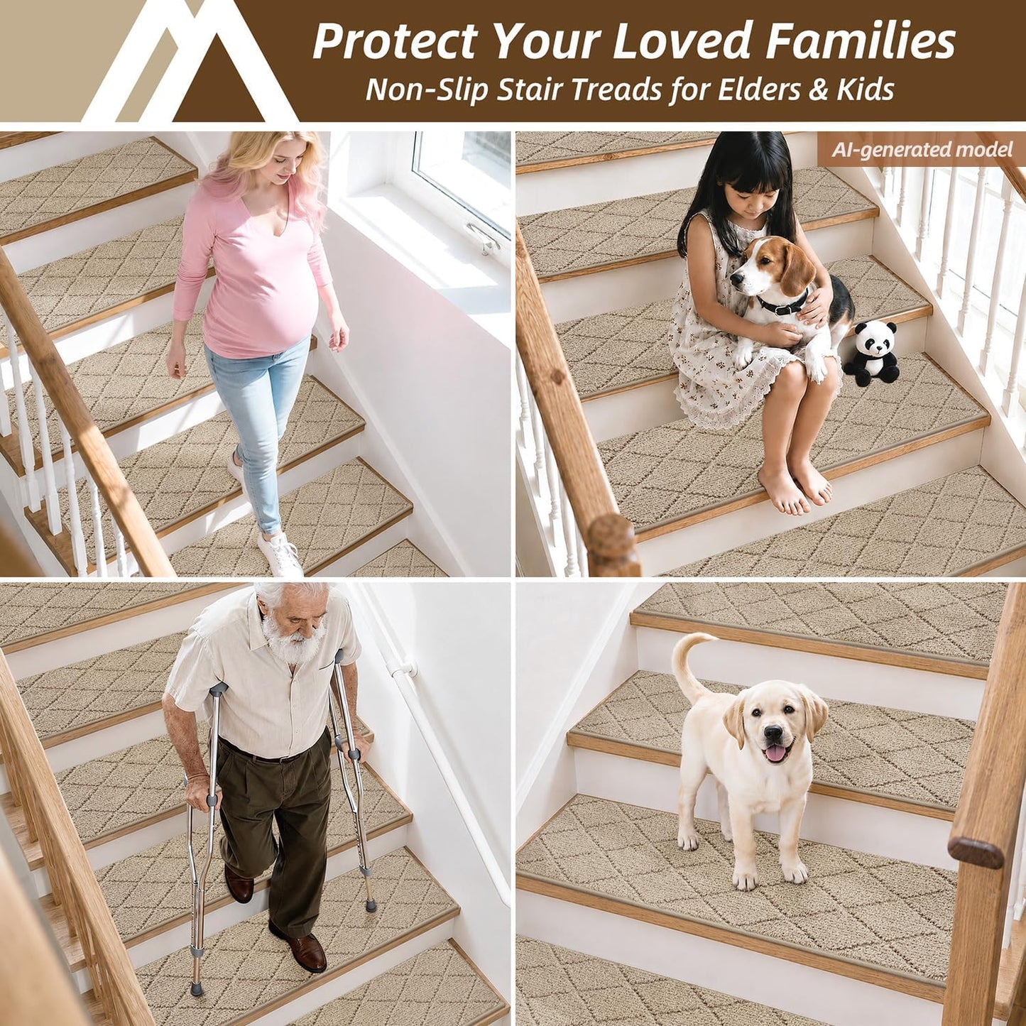 COSY HOMEER Edging Stair Treads Non-Slip Carpet Mat 28inX9in Indoor Stair Runners for Wooden Steps, Edging Stair Rugs for Kids and Dogs, 100% Polyester TPE Backing(4pc, Beige)