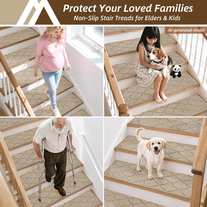 COSY HOMEER Edging Stair Treads Non-Slip Carpet Mat 28inX9in Indoor Stair Runners for Wooden Steps, Edging Stair Rugs for Kids and Dogs, 100% Polyester TPE Backing(4pc, Beige)