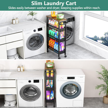 Vivihomety Utility Slim Storage Cart with Wheels, 4 Tier Small Rolling Cart with Wood Top, Metal Kitchen Bathroom Laundry Room Organization Trolley with Handle for Narrow Space – Black