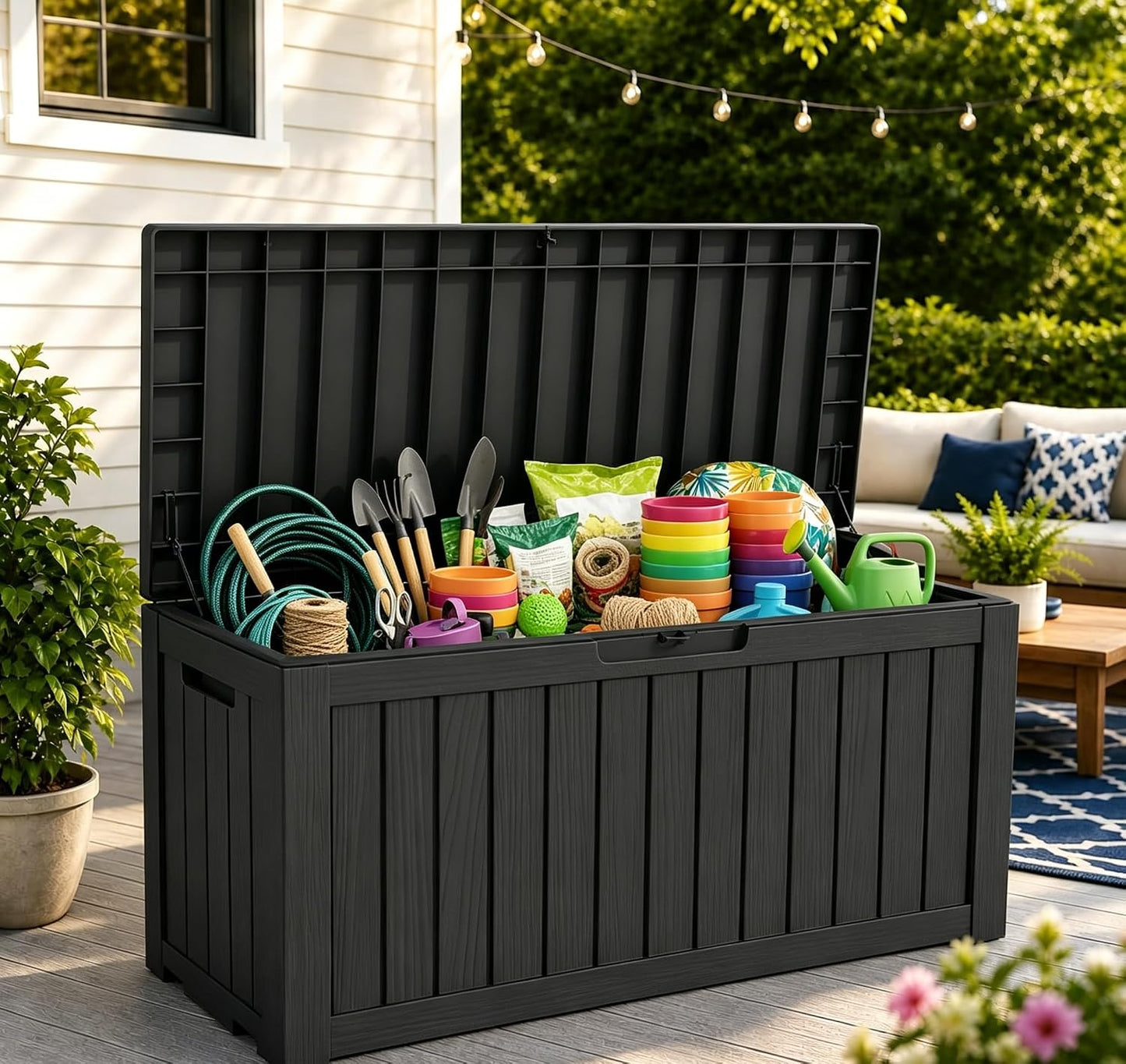 LAUSAINT HOME 320 Gallon Resin Deck Box, Package Delivery Box with Lockable Lid, Waterproof Outdoor Storage Box For Garden Tools, Patio Cushions(320 Gallon,Black)