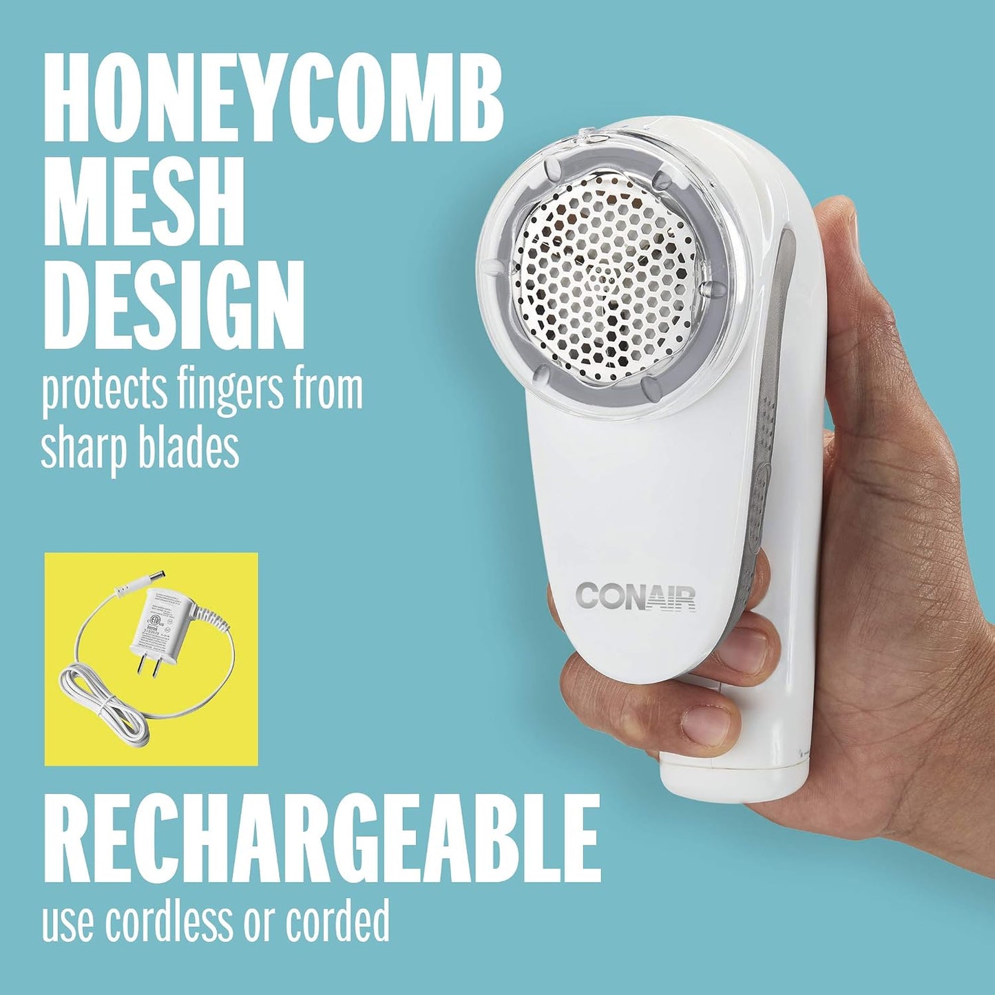 Conair Fabric Shaver and Lint Remover, Rechargeable Portable Clothes Shaver with 3 Settings, Fuzz Remover for Sweaters, Clothing, and Furniture, Large 2-Inch Shaving Head, White