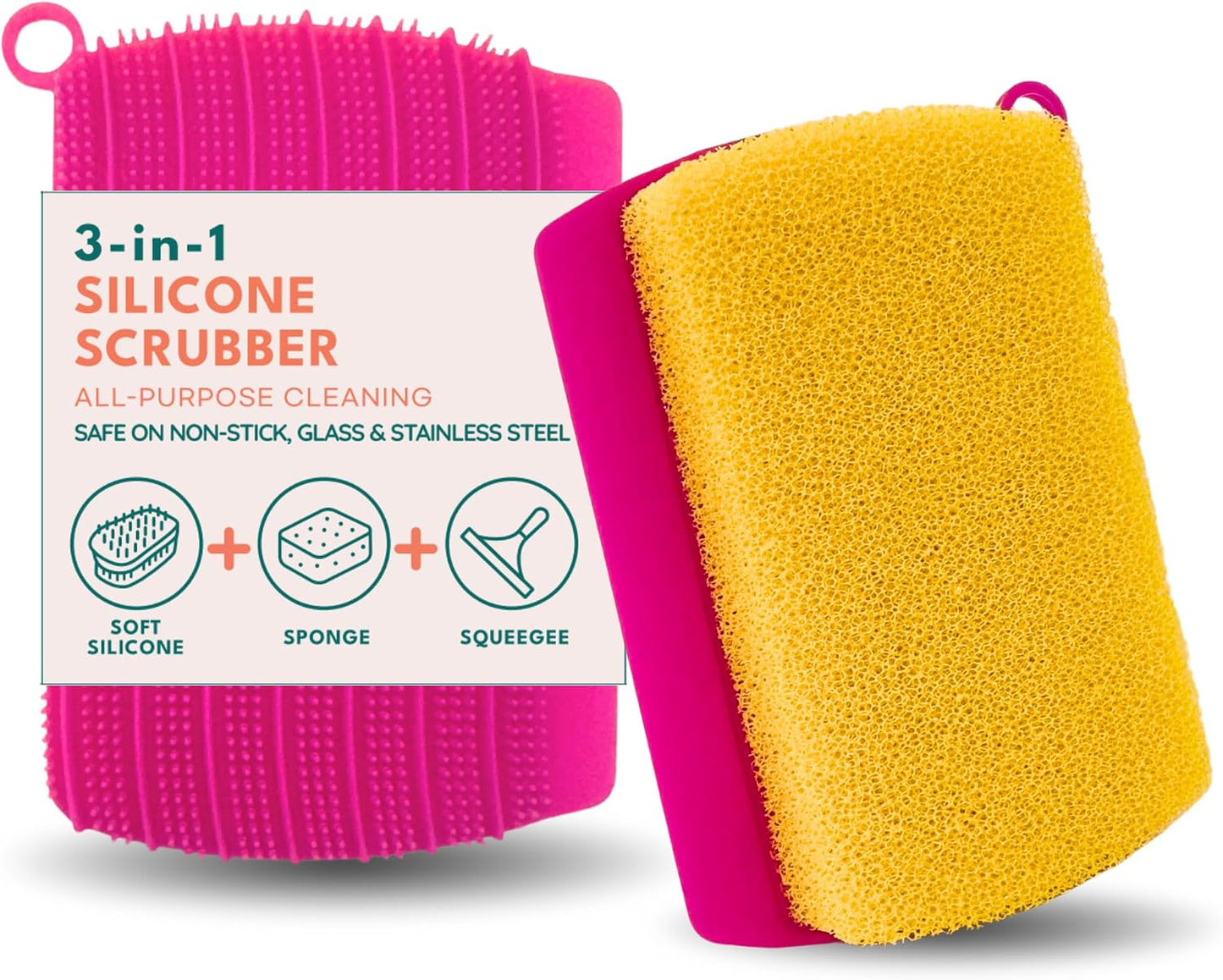 3-in-1 Silicone Scrubber Sponge with Squeegee – Non-Scratch Kitchen Sponge for Dishes, Sink & Bathroom, Quick-Dry, Reusable Cleaning Tool (Pink+Yellow)
