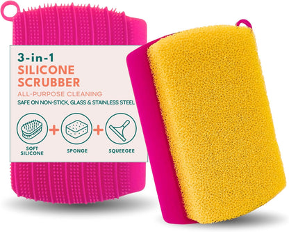 3-in-1 Silicone Scrubber Sponge with Squeegee – Non-Scratch Kitchen Sponge for Dishes, Sink & Bathroom, Quick-Dry, Reusable Cleaning Tool (Pink+Yellow)