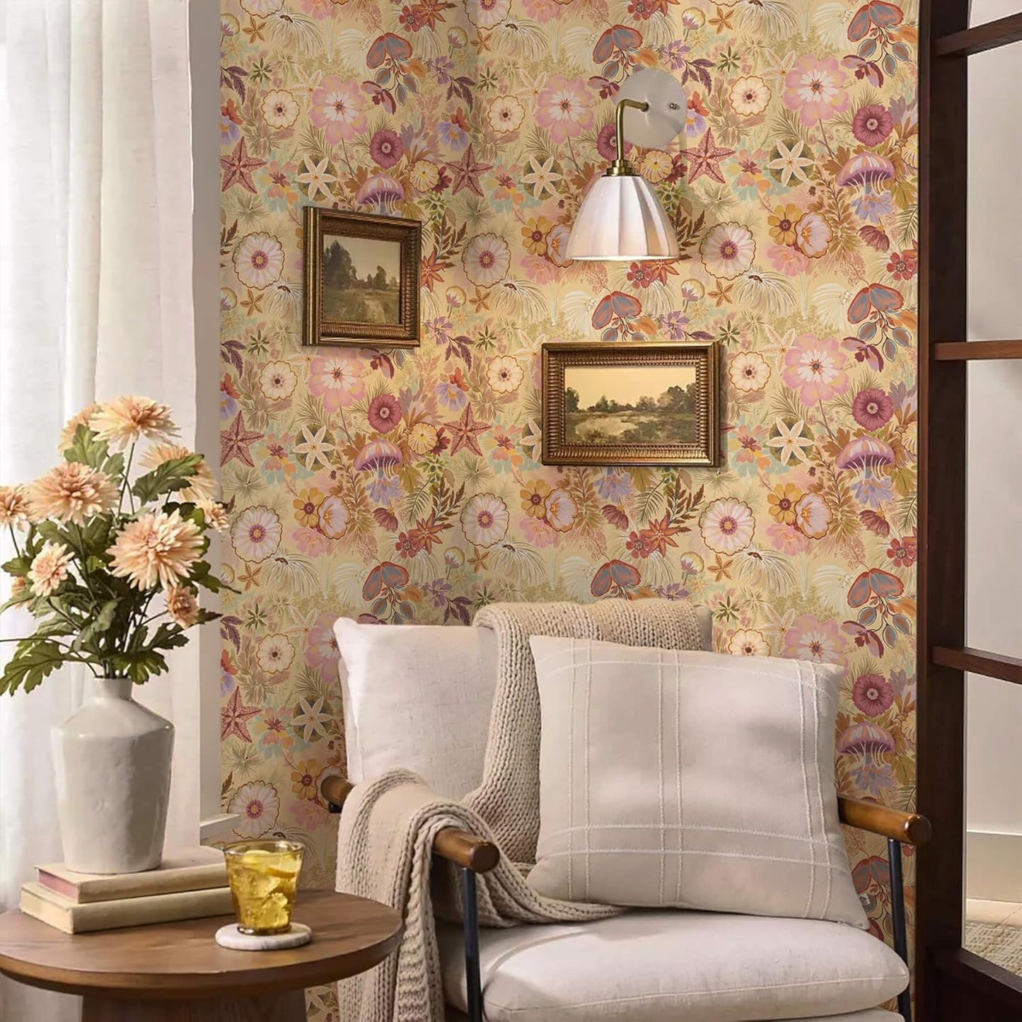 Ismoon Peel and Stick Wallpaper Floral Vintage Stick on Wall Paper Beige French Textured Contact Paper for Cabinet Removable Self Adhesive Wallpaper Vinyl Roll Shelf Deco, 17.3x78.7in
