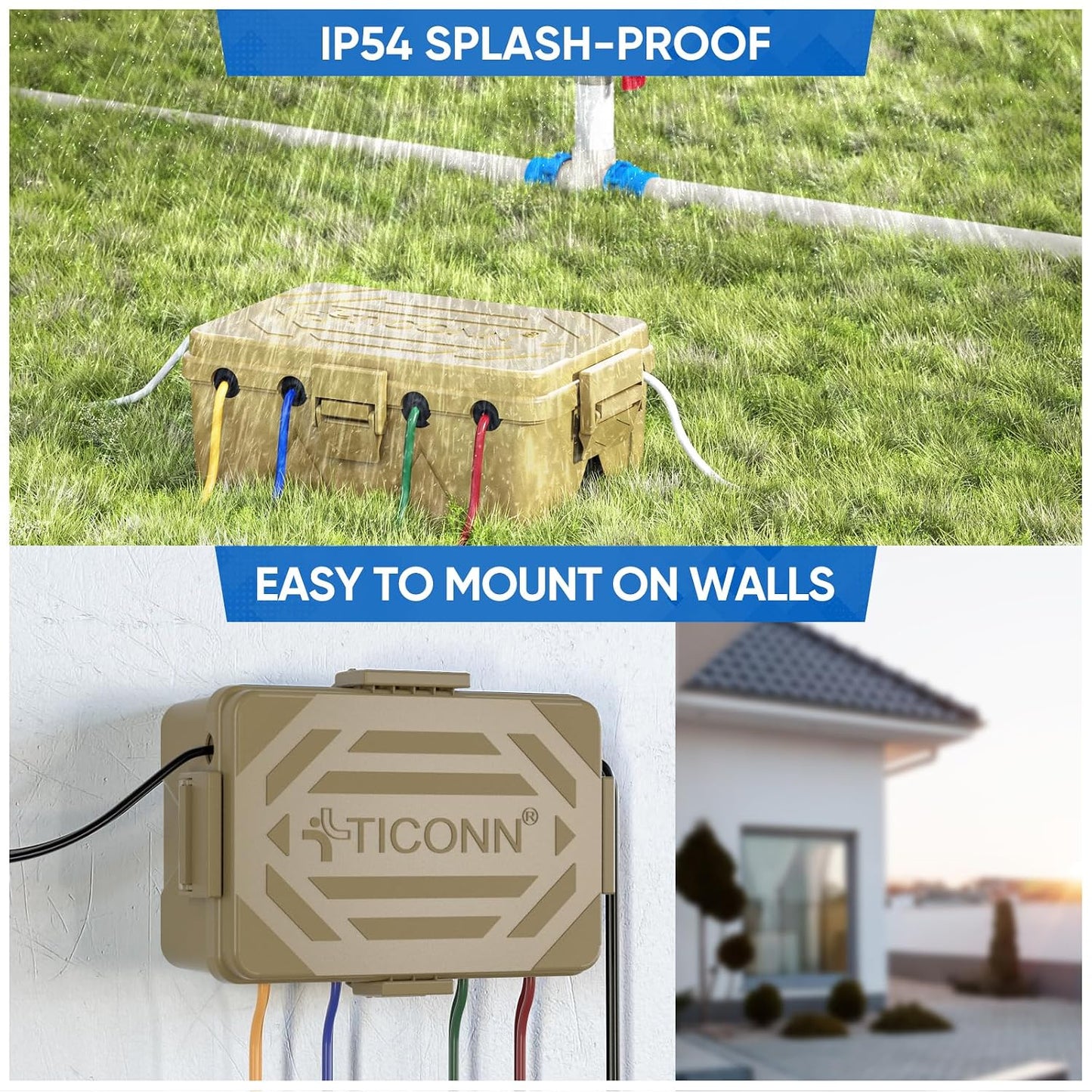 TICONN Outdoor Electrical Box, IP54 Splash-Proof Outdoor Extension Cord Cover, Protects Power Strip, Plug, Socket, Timer, Holiday Lights (Black, Small)