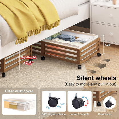 Under Bed Storage Containers With Wheels - 2 Pcs Bamboo Wood Rolling Underbed Shoe Storage Bins With Dust Bags for Clothes Blankets, Duvet Covers Snacks Toys (Natural)