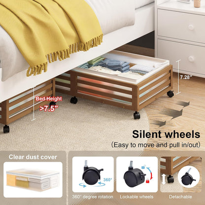 Under Bed Storage with Wheels-Large Bamboo Underbed storage Containers with Large Dust Bag Stackable Under the Bed Shoe Storage Bins for Clothes Books Bedding (2 Packs Nature, 23.62"L×16.54"W× 6.51"H)