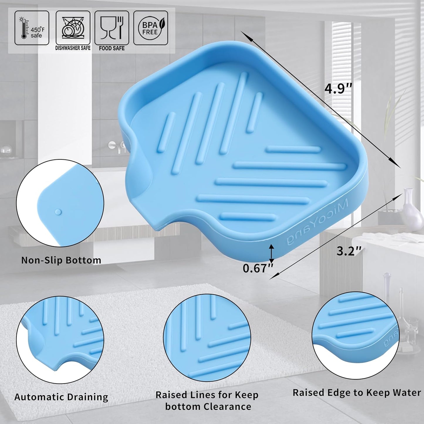 MicoYang Silicone Bathroom Soap Dishes with Drain Spout-Bathroom and Kitchen Sink Organizer,Sponge Holder,Dish Soap Tray,Perfect for Dispenser,Scrubber,Bottle,Cup on Sink or Counter-Coffee 4.9"×3.2"