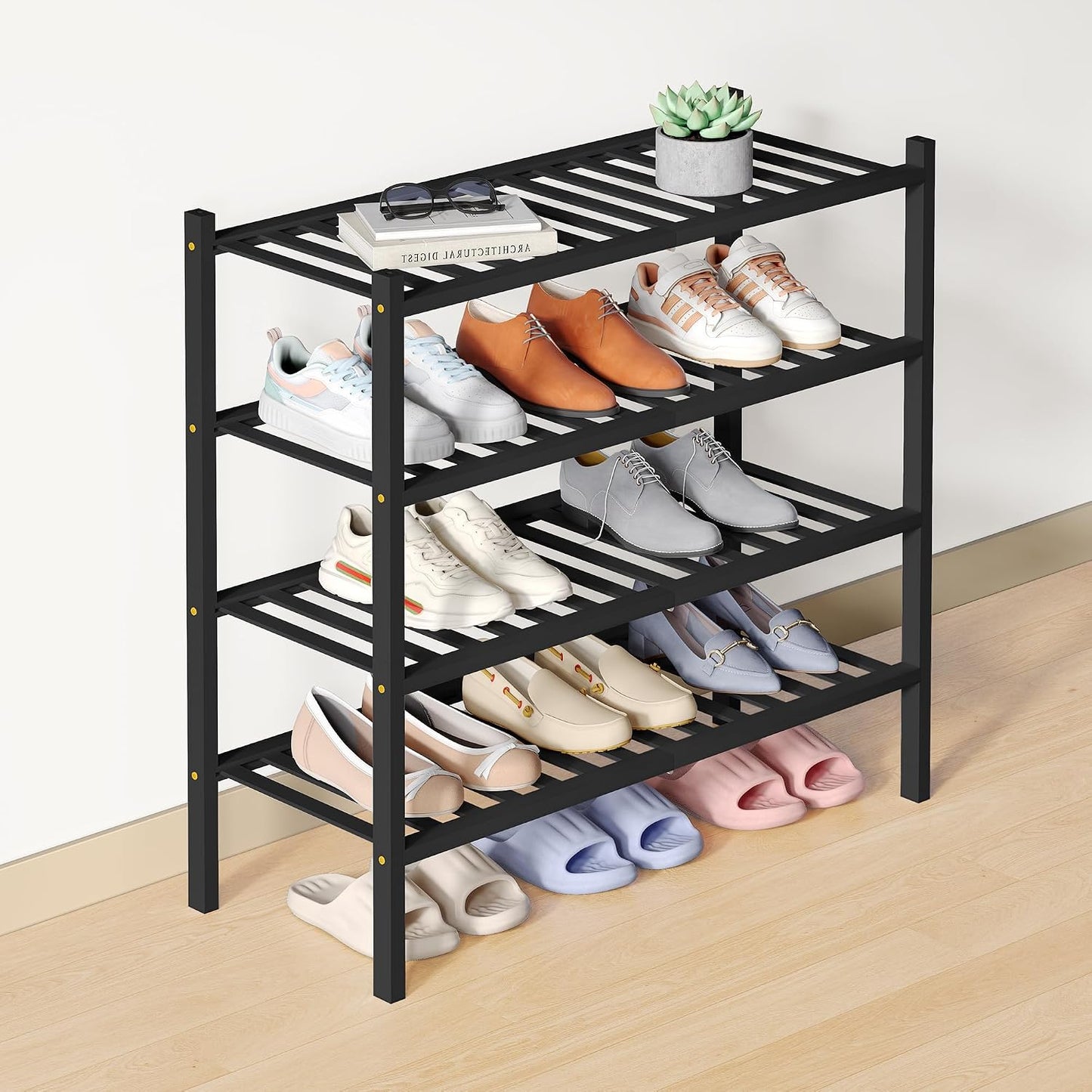 Smiry Bamboo Shoe Rack for Closet, 3 Tier Wooden Shoe Organizer, Stackable Wood Shoe Storage Shelf for Entryway, 14 Vertical Slats, One-piece Heavy-Duty Legs, 26.77"x11.02"x18.31", Natural