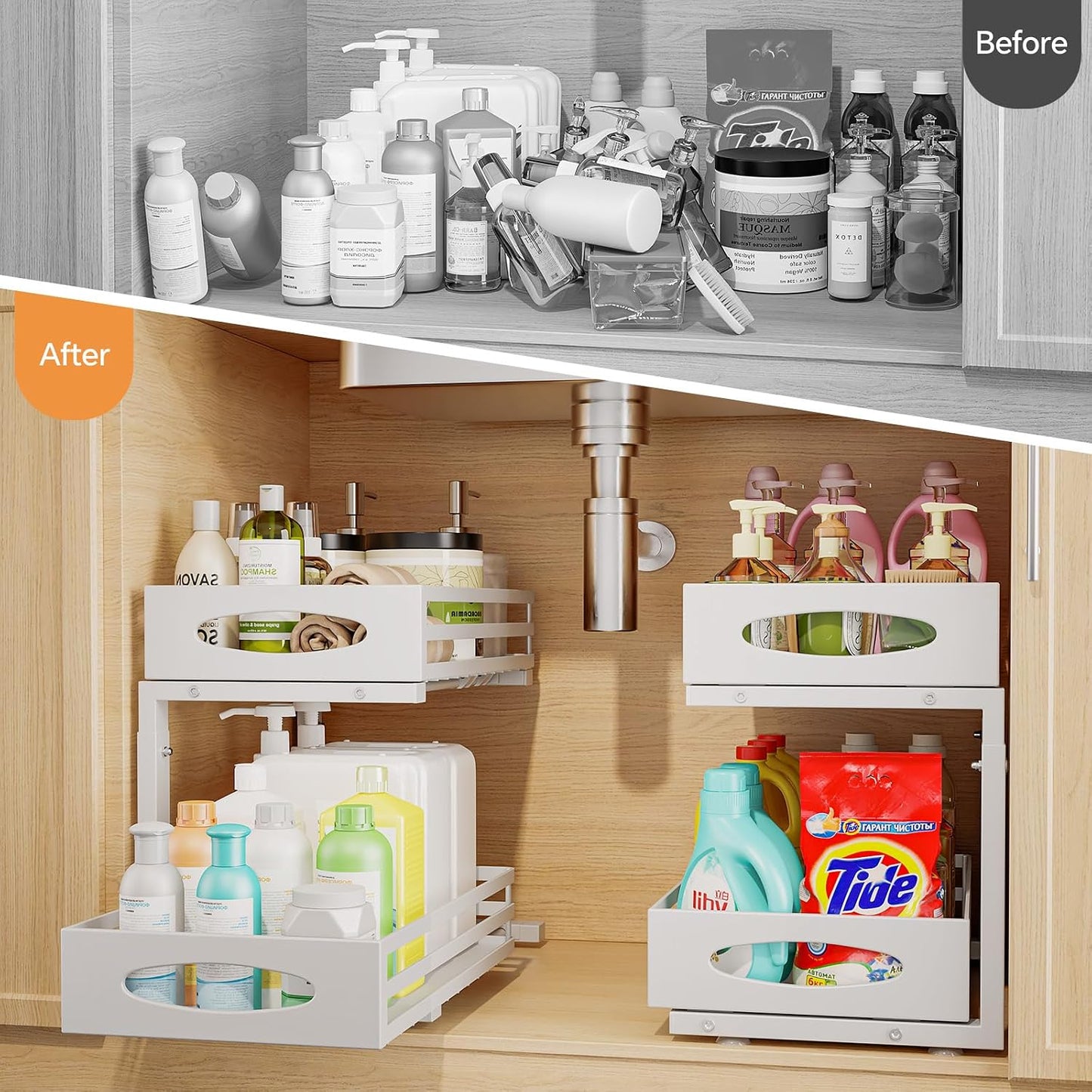 mixeshop Under Sink Organizer, 2 Tier Under Sink Organizers and Storage, Adjustable Height, Slide out Metal Cabinet Organizers, Pull out Cabinet Storage Drawer Shelf for Kitchen Bathroom (Black, 2)