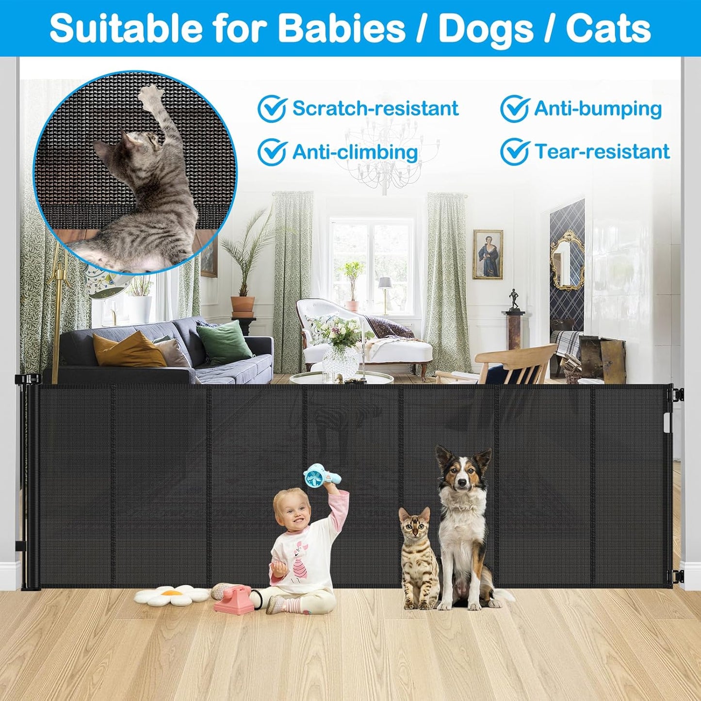 42 Inch Extra Tall Retractable Baby Gates with Reinforced Strips 55 Inch Wide Outdoor Retractable Dog Gate No Sag Extra Tall Baby Gate for Doorway Anti-Scratch Mesh Gates for Kids or Pets, White