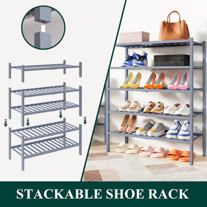 Smiry Bamboo Shoe Rack, 3 Tier Free Standing Wooden Shoe Organizer, Stackable Wood Shoe Storage Shelf for Closet, Entryway, 12 Vertical Slats, 2+1 Stack Standard Legs, 26.8"x11"x19.5", Natural