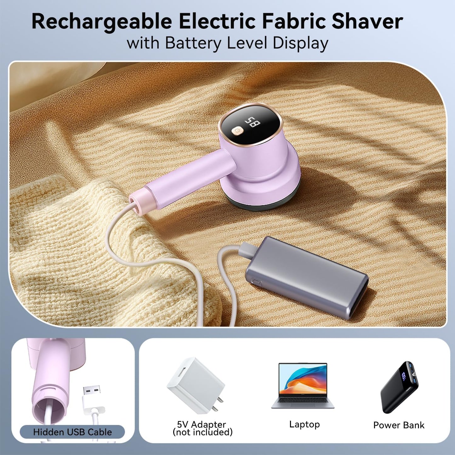 Rechargeable Fabric Shaver for Clothes: 6-Leaf Blades & 3 Speeds to Remove Pilling, Fuzz & Lint Balls - with LED Display, Portable Electric Lint Remover for Sweater, Couch, Blanket, Furniture