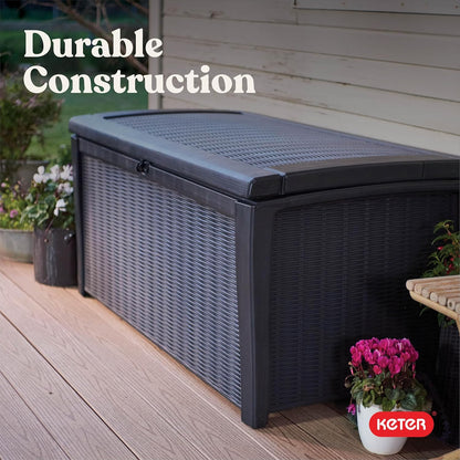 Keter Outdoor Storage Deck Box for Patio, Backyard & Garden, Borneo, 110 Gal, Grey - Lockable, Organizing, and Waterproof Plastic Container Bench