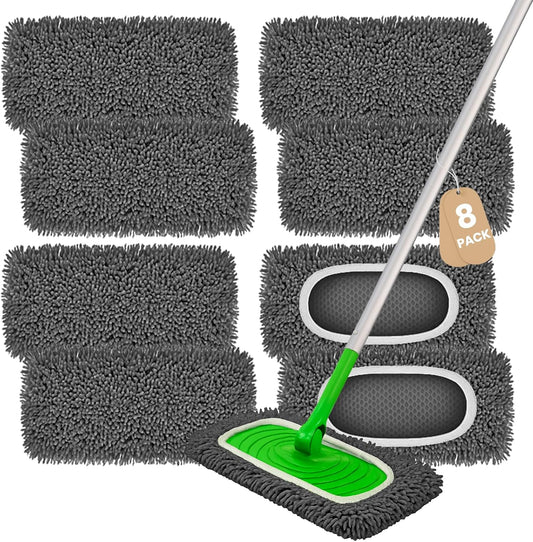 8 Pack Chenille Mop Pads, Reusable Microfiber Mop Refills for 10''–12'' Flat Mops, Washable Wet & Dry Floor Pads for Hardwood, Tile, Compatible with Swiffer Sweeper(Gray)