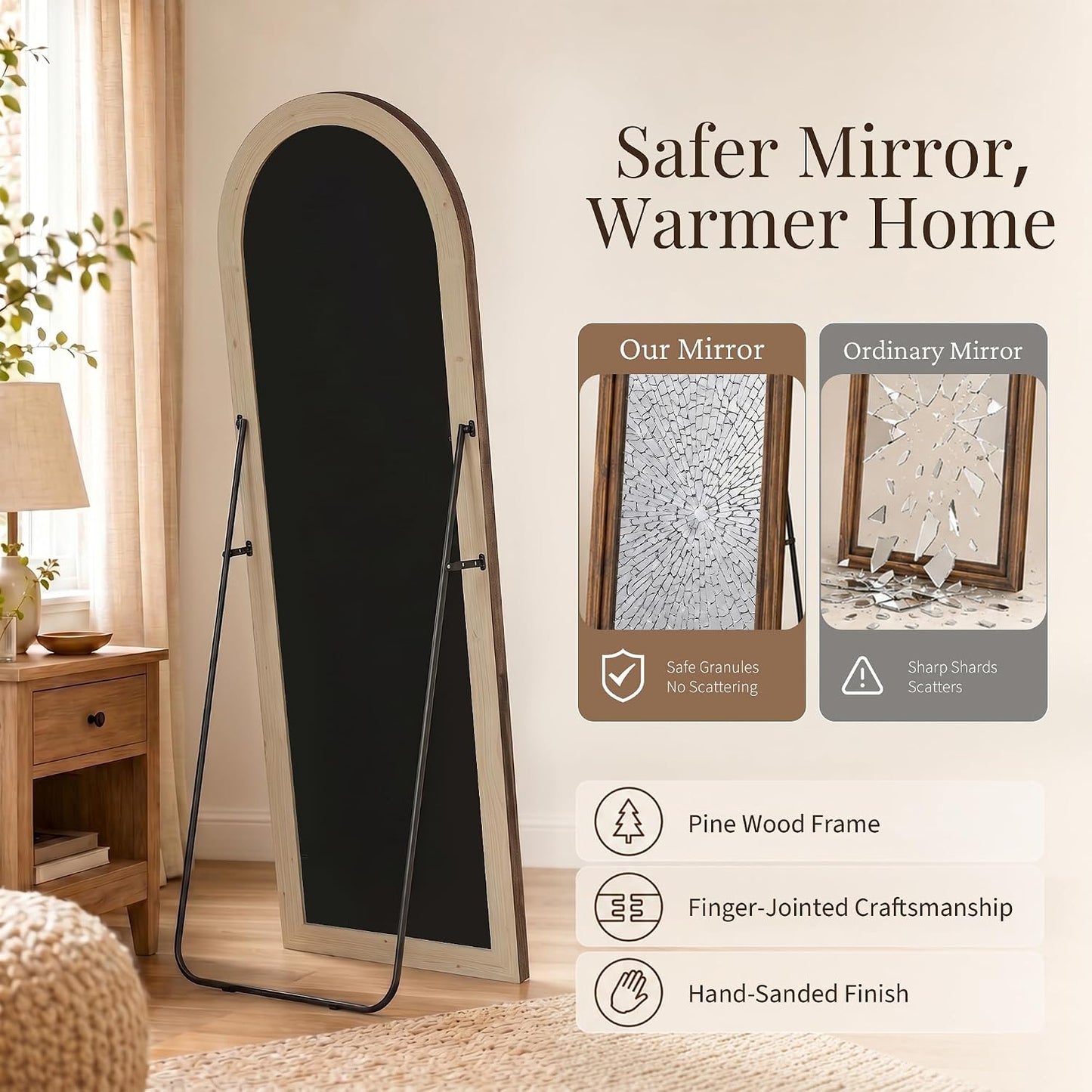 Arched Wood Floor Mirror with Stand, 63" x 21" Rustic Walnut Triple-Layer Solid Wood Frame Full Length Body Mirror, Shatterproof Tempered Glass, Wall Mounted or Leaning for Bedroom Entryway