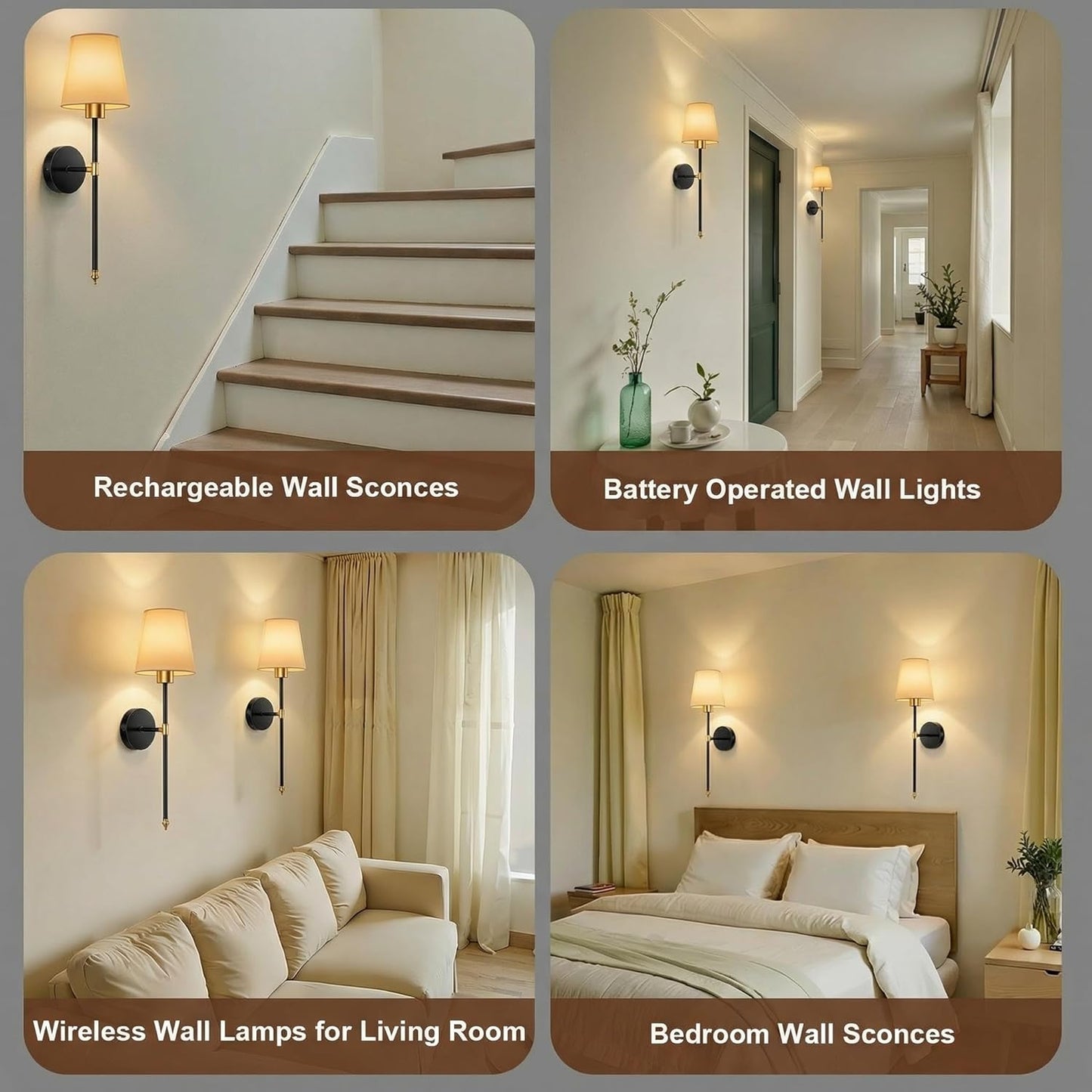 IRONPAX Wall Sconces Battery Operated Set of 2, Wireless Rechargeable Wall Sconce Set of Two, Dimmable Wall Lights with Remote for Bedroom Living Room Hallway Decor (Gold, Fabric Shade)