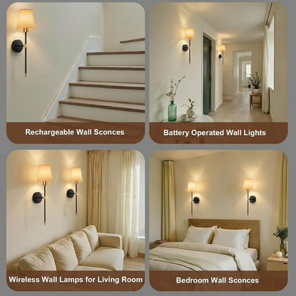 IRONPAX Wall Sconces Battery Operated Set of 2, Wireless Rechargeable Wall Sconce Set of Two, Dimmable Wall Lights with Remote for Bedroom Living Room Hallway Decor (Gold, Fabric Shade)