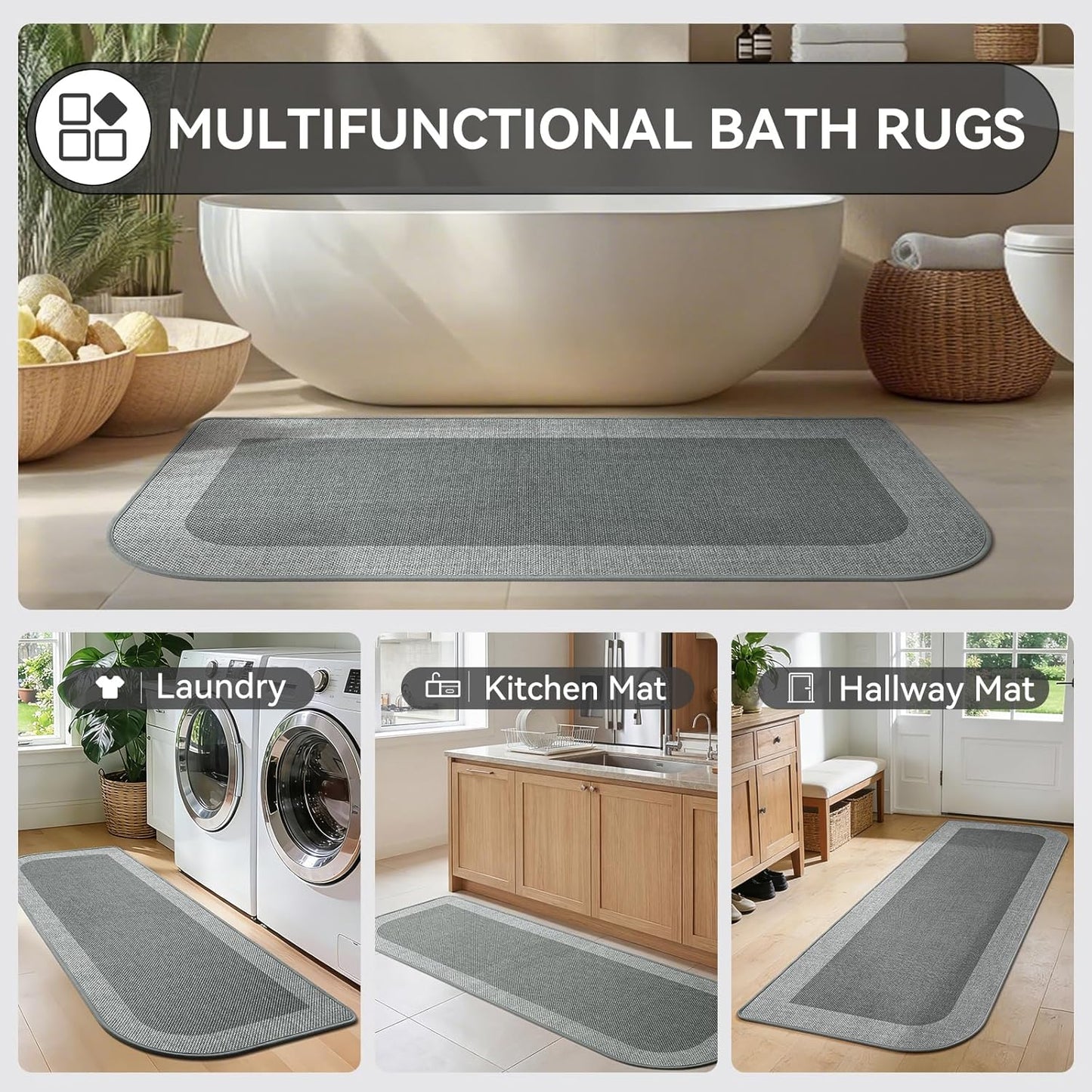 YDKGL Ultra Thin Bathroom Rugs Mat Quick Dry Absorbent Non Slip Bath Mat Bath Mats for Bathtub Mat Bathroom Carpet Fit Under Door Washable Floor Rubber Half Round Bath Rugs Grey 16x24