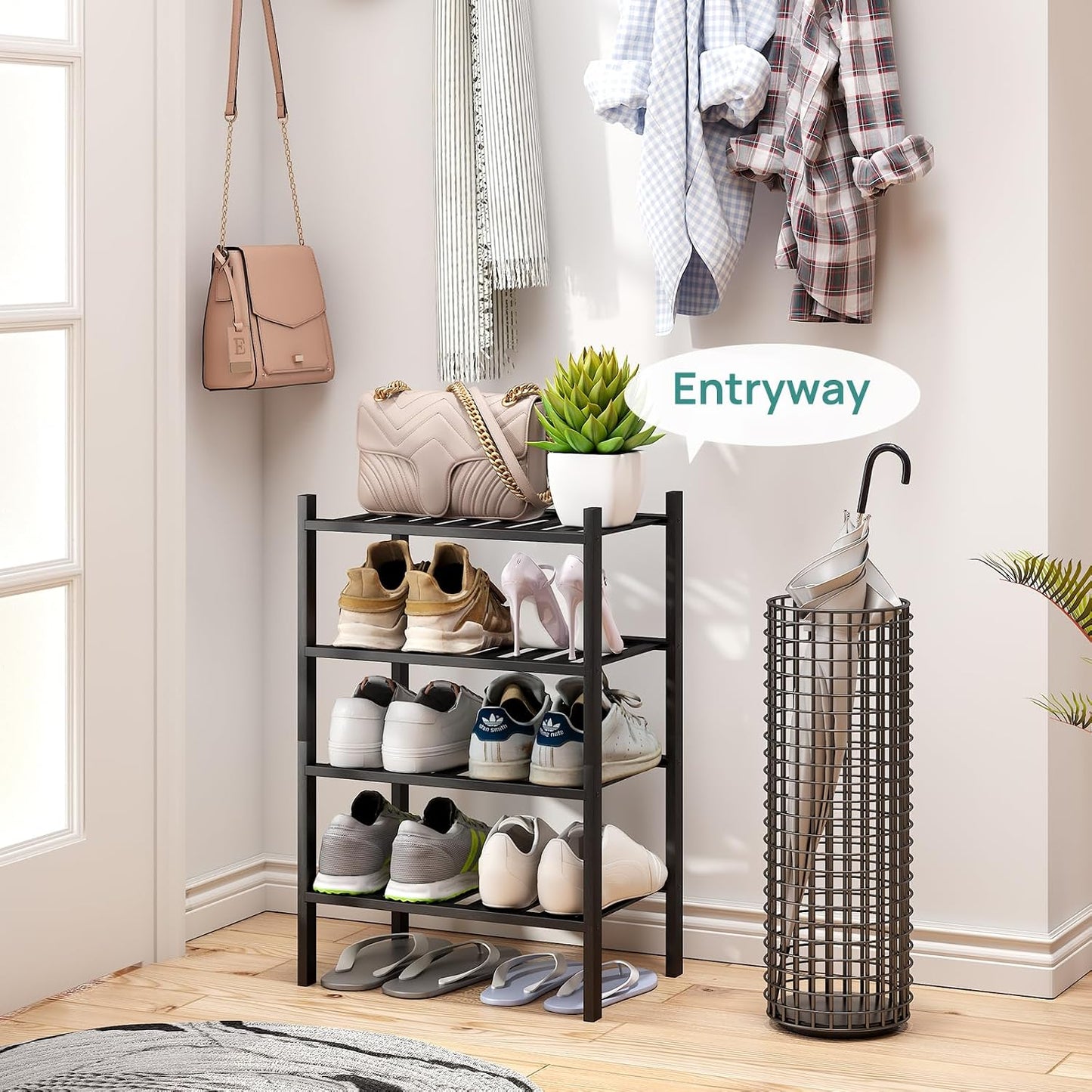 viewcare 3-Tier Black Bamboo Shoe Rack for Entryway, Stackable | Foldable | Natural, Shoe Shelf Storage Organizer for Hallway Closet, Free Standing Shoe Racks for Indoor Outdoor