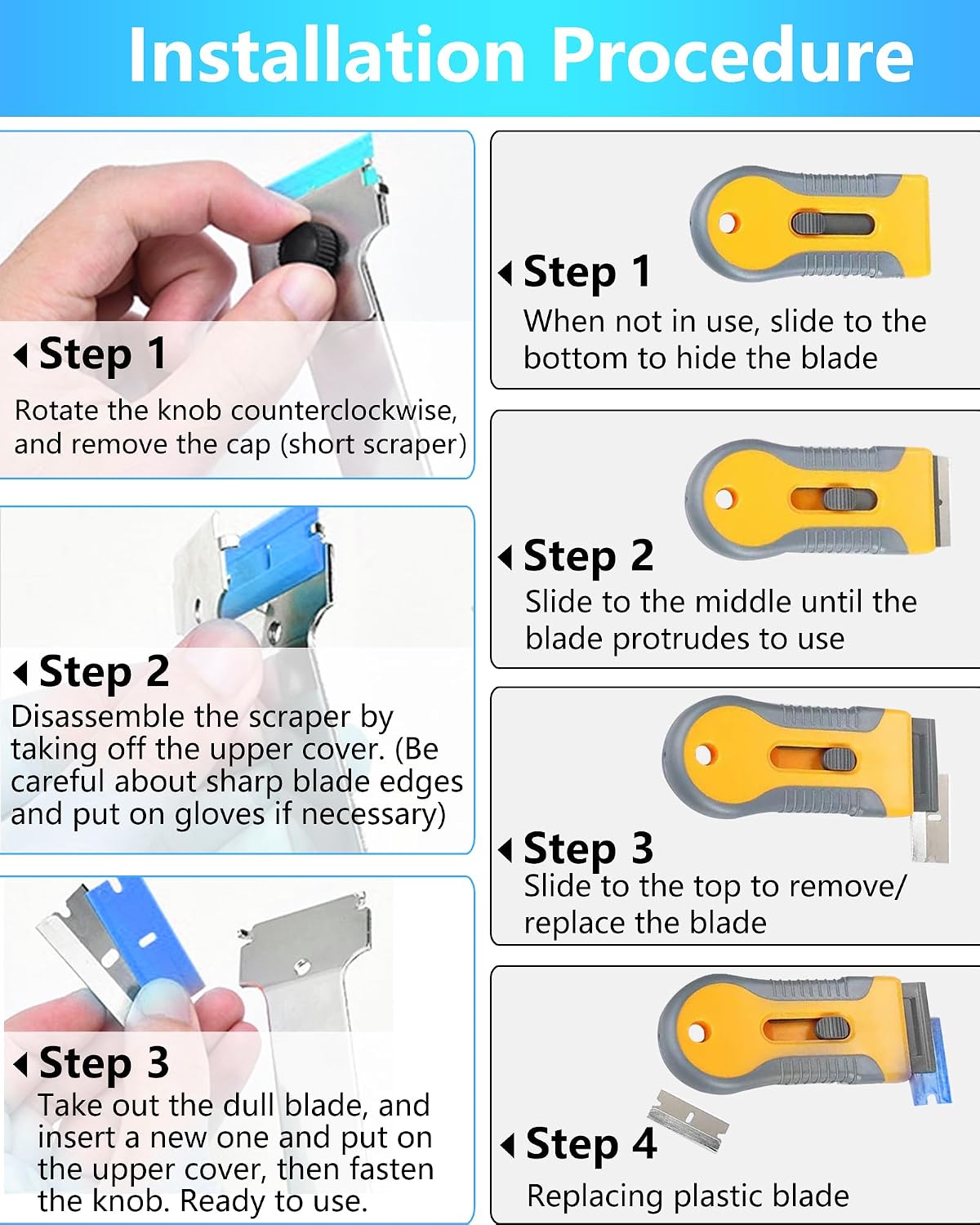 2 Pack Razor Blade Scraper with 10 Plastic and 20 Metal Blades for Removing Paint, Registration Sticker, Grease from Windshield, Glass Top Stove Cooktop Scraper