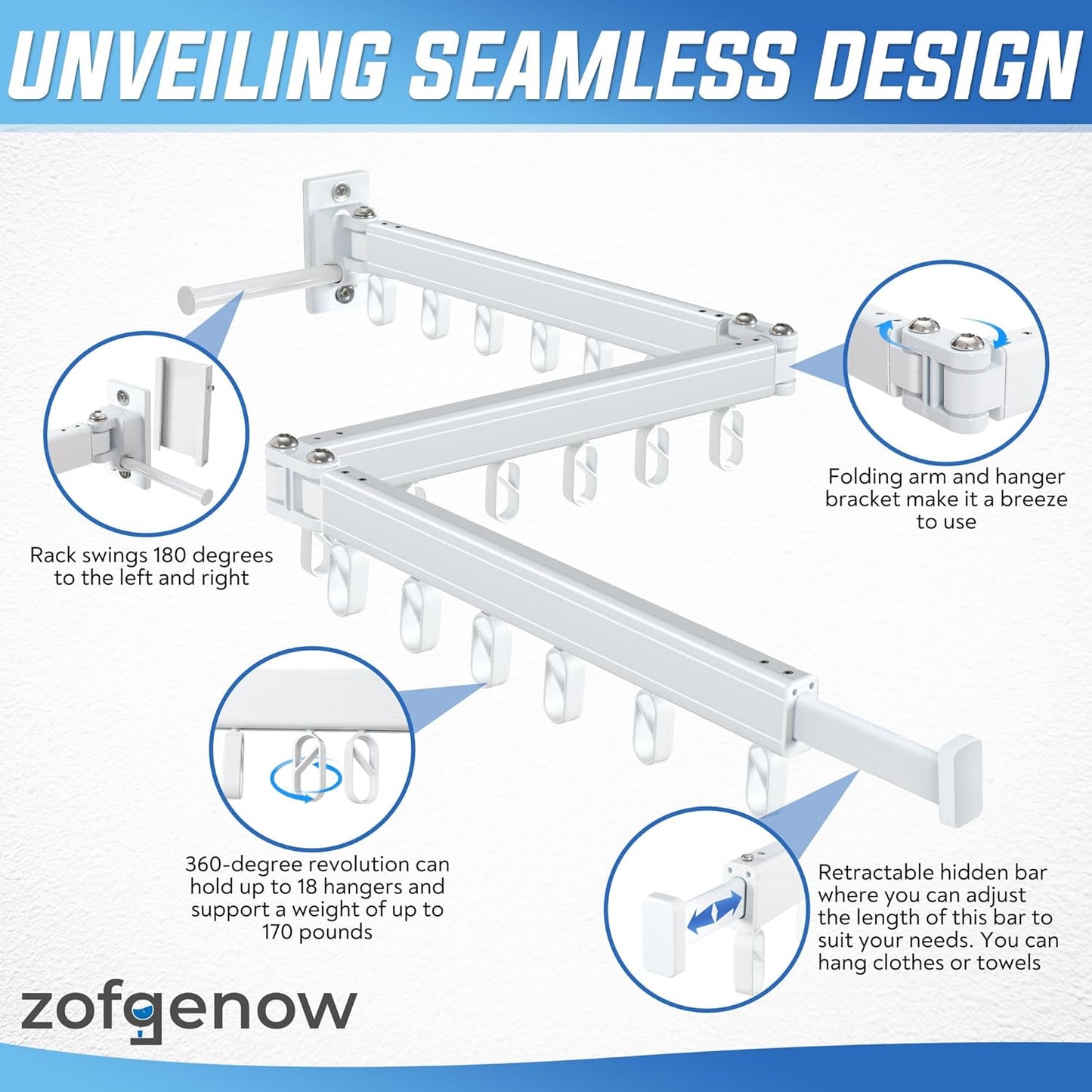 ZOFGENOW Clothes Drying Rack Wall Mounted Foldable, Retractable & Collapsible(Tri-Fold) Space-Saving Laundry Drying Rack for Indoor & Outdoor Use - Laundry Rooms, Bathroom & Balconies (White)