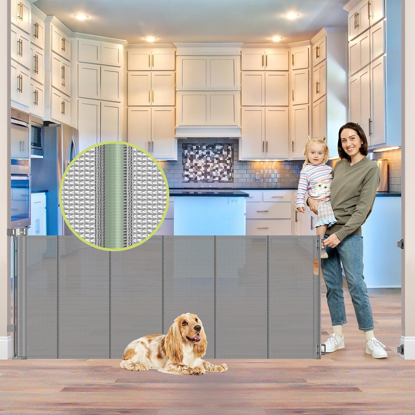 Reinforced 55" Wide Retractable Baby Gates with Reinforced Strips, Indoor/Outdoor Retractable Dog Gate for Doorway Prevent Bottom Drilling Through, No Bottom Bar Safety Mesh Baby Gate for Stair, Black