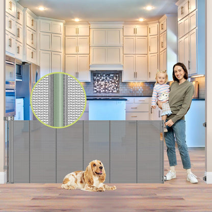 Reinforced 55" Wide Retractable Baby Gates with Reinforced Strips, Indoor/Outdoor Retractable Dog Gate for Doorway Prevent Bottom Drilling Through, No Bottom Bar Safety Mesh Baby Gate for Stair, Black