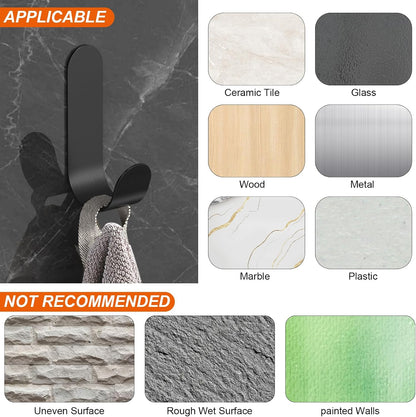 ATDOALL Adhesive Towel Hooks, 20 PCS Stainless Steel Self Adhesive Wall Hooks, Black Heavy Duty Shower Hook, Waterproof Oilproof Rustproof for Bathroom, Kitchen, Living Room
