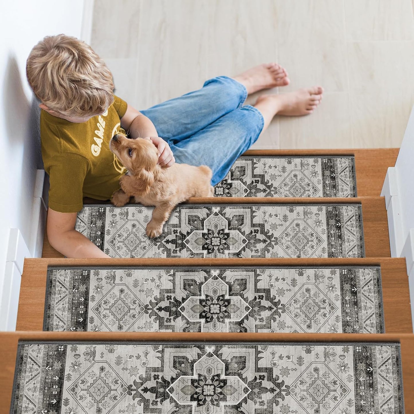 Non Slip Stair Treads for Wooden Steps, 15 Pack 8"x30" Washable Carpet | 8x30 in soft chenille polyester stair treads with reusable TPE backing for indoor wood stairs, dogs, kids, and seniors
