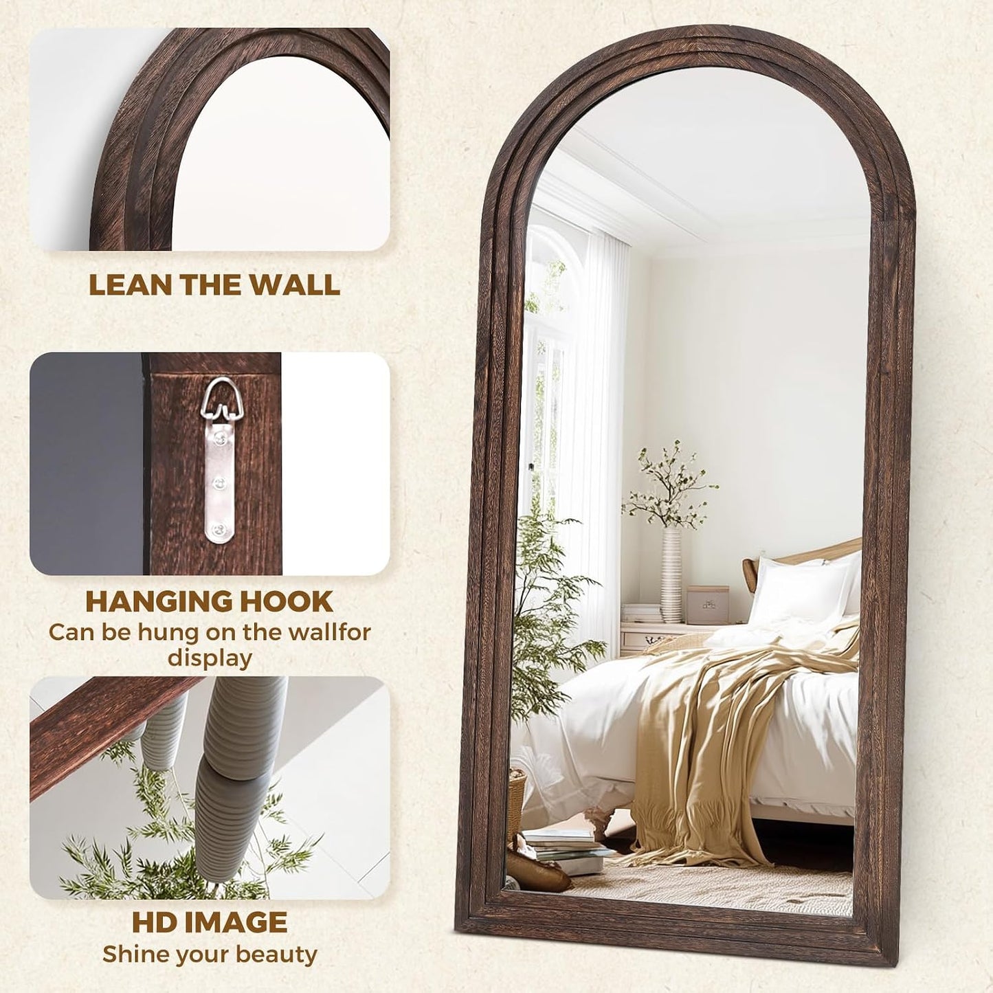 Solid Wood Full Length Mirror - 65"x22" Arched Floor Mirror, Free Standing & Wall Mounted - Elegant Design for Bedroom, Dressing Room, Hallway, Brown