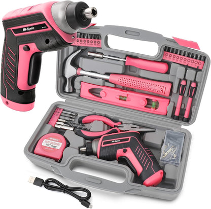 Hi-Spec Tool Kit with 3.6V USB Small Electric Screwdriver Set, Pink Drill Set for Women, Tool Kit for Home