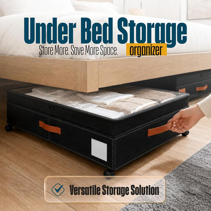 Under Bed Storage Organizer with Wheels, Rolling Under Bed Storage Containers with Clear Lid, Dual Zippers, Handles, Storage for Clothes, Shoes, Blankets, Toys,2-pcs Under Bed Drawers-Black