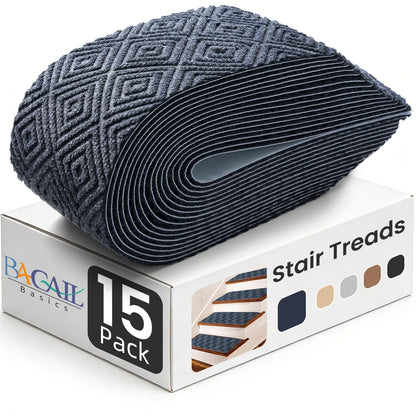 BAGAIL 15 Pack Non-Slip Stair Treads for Wooden Steps, 8"x30" Peel and Stick Carpet Stair Runners, Machine Washable Indoor Step Covers with No-Residue Adhesive for Dogs, Kids & Elderly - Bluish Grey