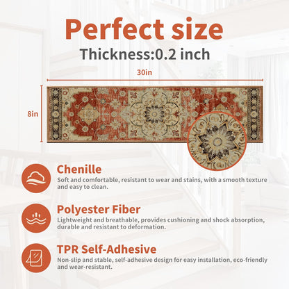 Non-Slip Carpet Stair Treads 15PCS, 8"x30" Peel and Stick Stair Runner for Wooden Steps Indoor, Washable Reusable Adhesive Backing, Pet-Friendly Safety Mats for Kids, Elders, Dogs