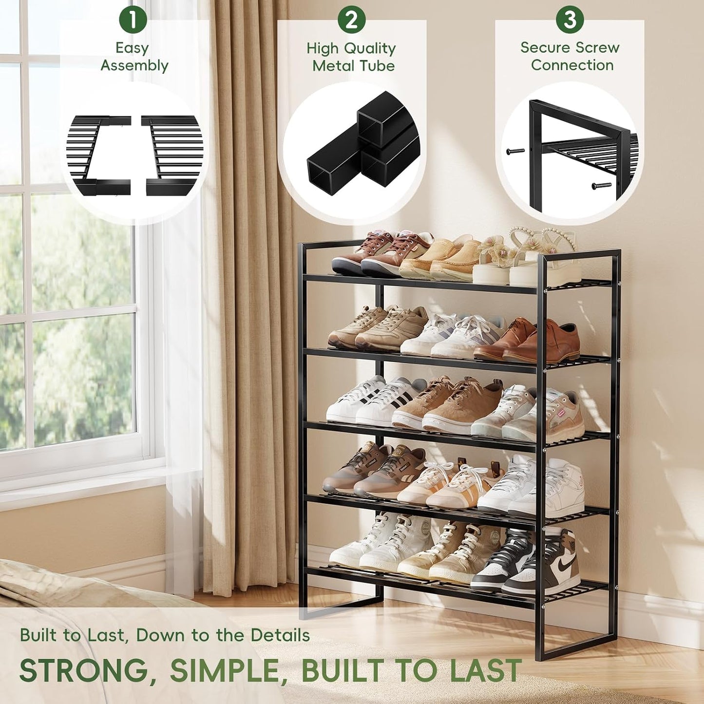 5-Tier Wide Shoe Rack, Metal Shoe Organizer for Closet, Stackable Freestanding Shoe Storage Shelf with Sturdy Wire Grid, Large Capacity Durable Shoe Rack for Entryway Bedroom, Black
