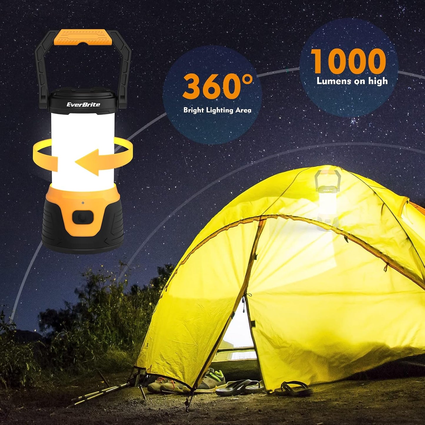 EverBrite Rechargeable LED Camping Lantern, 1000 Lumens, 5 Light Modes | 1000 Lumens, 5 Light Modes, USB-C Rechargeable, Long Runtime, Hanging Hook, Camping, Power Outages & Emergencies