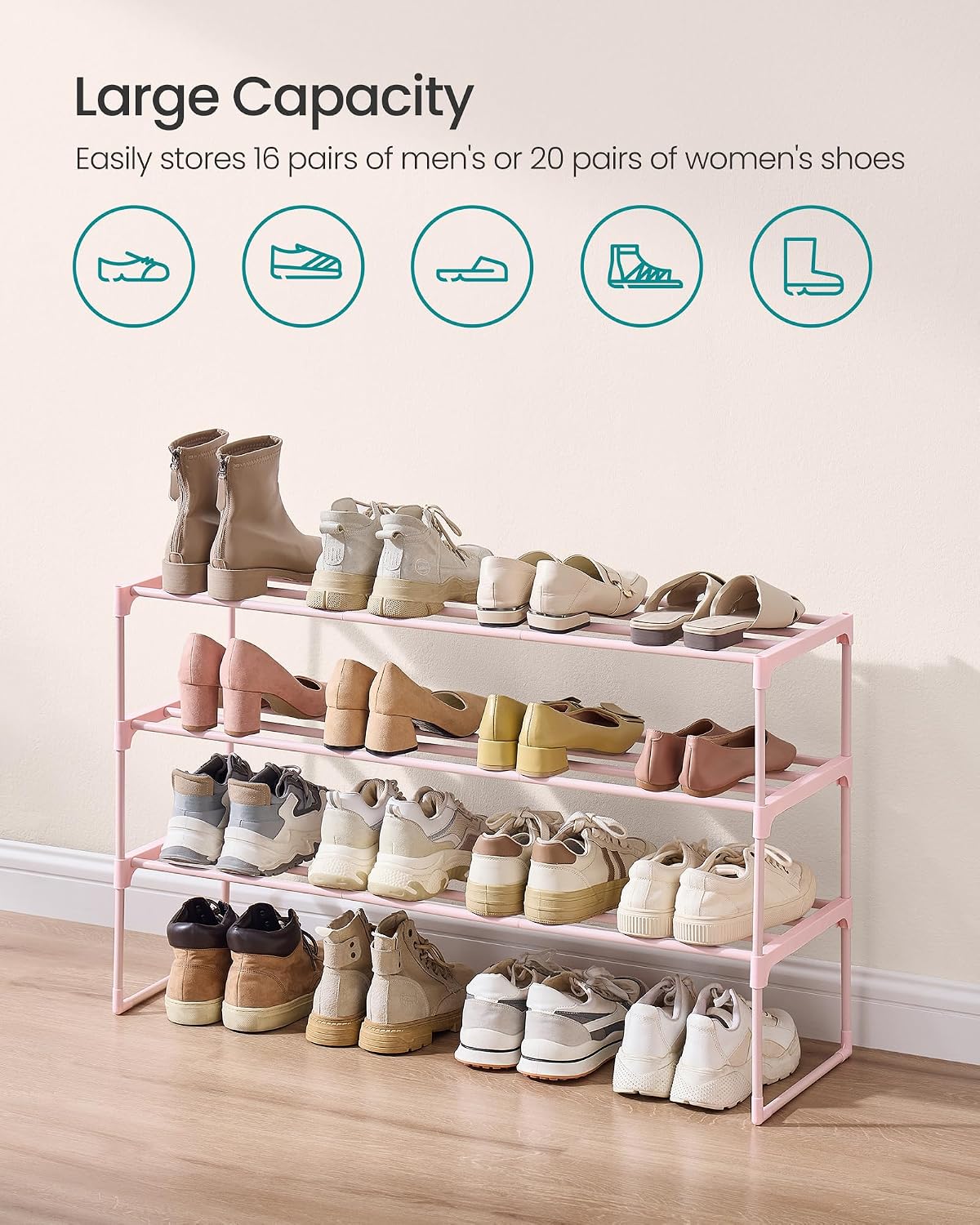 SONGMICS Shoe Rack, 6-Tier Shoe Organizer, Metal Storage Shelf, Upright or Upside Down, for 24-30 Pairs, Stackable, for Entryway, 11.8 x 36.2 x 42.7 Inches, Black ULSA306BH01