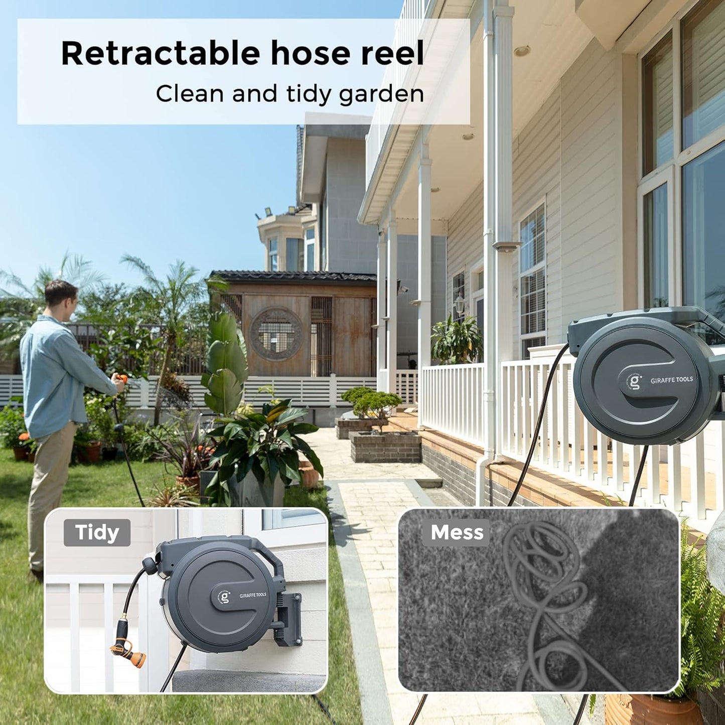 Giraffe Tools Retractable Garden Hose Reel 1/2 Inch x 100 ft, Super Heavy Duty, Any Length Lock, Slow Return System, Wall Mounted and 180 Deg Swivel Metal Bracket
