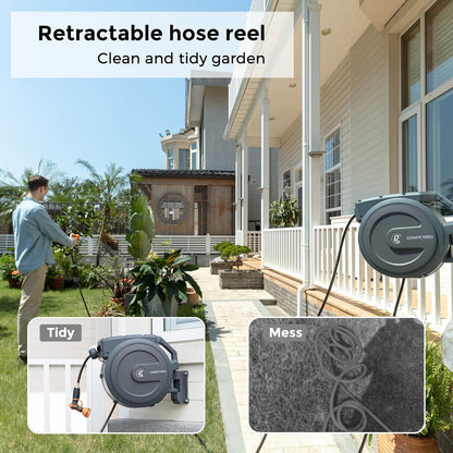 Giraffe Tools Retractable Garden Hose Reel 1/2 Inch x 100 ft, Super Heavy Duty, Any Length Lock, Slow Return System, Wall Mounted and 180 Deg Swivel Metal Bracket