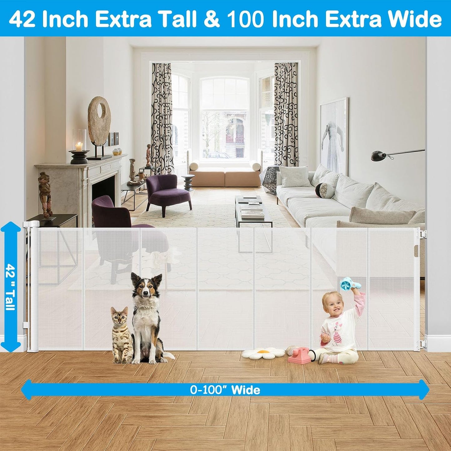 42 Inch Extra Tall Retractable Baby Gates with Reinforced Strips 55 Inch Wide Outdoor Retractable Dog Gate No Sag Extra Tall Baby Gate for Doorway Anti-Scratch Mesh Gates for Kids or Pets, White