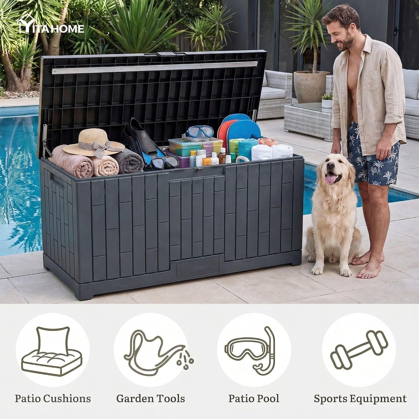 YITAHOME 35 Gallon Outdoor Storage Box | Waterproof Resin Deck Box and Package Delivery with Lockable Lid for Patio Furniture Cushions, Pool Accessories, Garden
