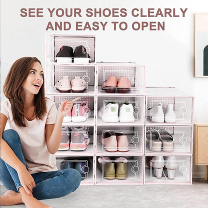 Kuject 12 Pack Large Shoe Boxes, Clear Stackable Containers with Lids,Black | Shoe organizers for closet & entryway, under-bed,Drop-front design fits women's size 10
